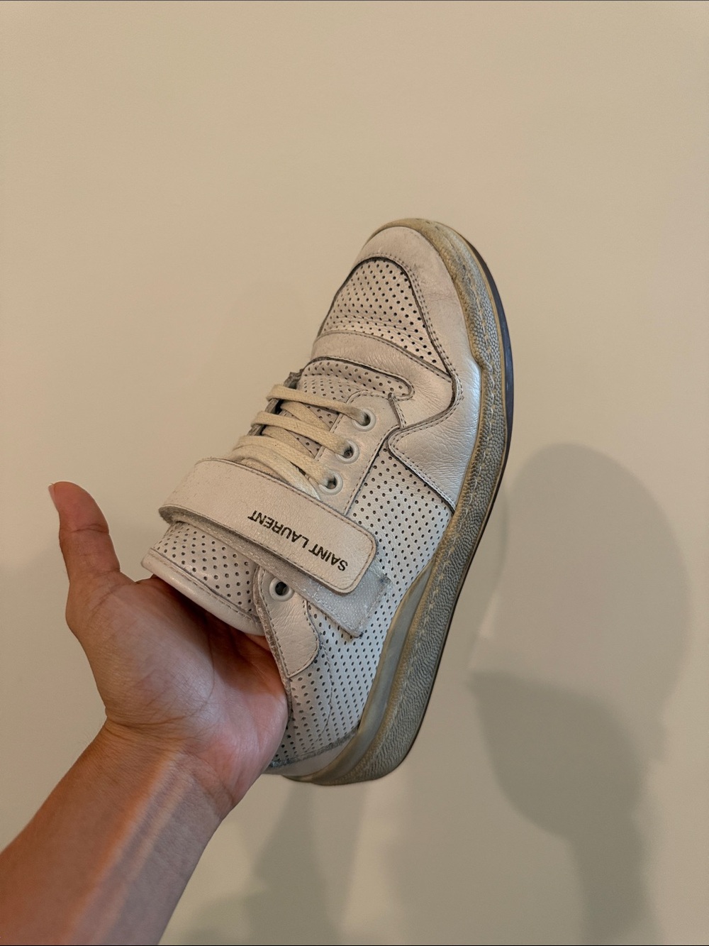 Saint Laurent Kids Off-White Perforated Leather Velcro Sneaker